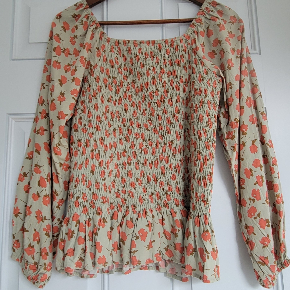 Roolee Cream Smocked Long-Sleeve Blouse with Coral Floral Print